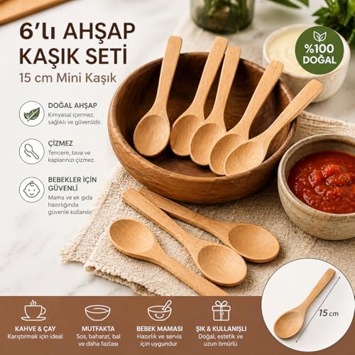 6’lı Küçük Ahşap Kaşık Seti 15 cm Doğal Ahşap Mini Kaşık Karıştırma Tadım Baharat Sos Servisi Bebek Besleme için Isıya Dayanıklı Tencere Çizmez Ergonomik Sağlıklı Mutfak Kaşığı Seti - Görsel 2