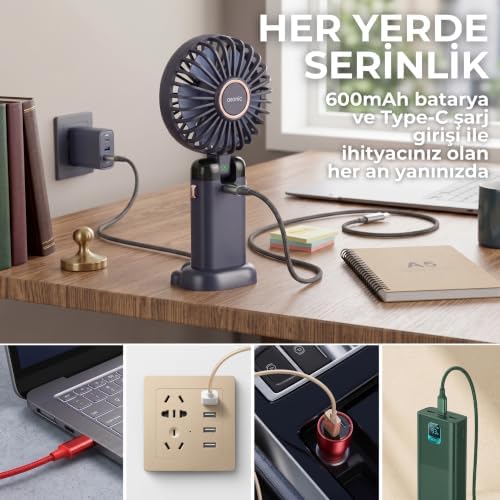 Asonic Dijital Göstergeli Mini USB Fan - 90 Derece Ayarlanabilir Şarj Edilebilir El Vantilatörü, Katlanabilir Taşınabilir Sessiz Masaüstü Siyah Cep Fanı