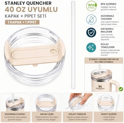 40 OZ Uyumlu Yedek Bardak Kapağı ve Plastik Pipet Seti | Sızdırmaz, Dökülmez, BPA İçermez | 40 OZ Tumbler Termos Aksesuarı (1 Kapak + 1 Pipet) (Beyaz)