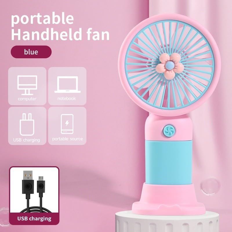Çiçek Tasarımlı Taşınabilir,Şarjlı,Mini El Fanı Pembe/Mavi DD5017APM