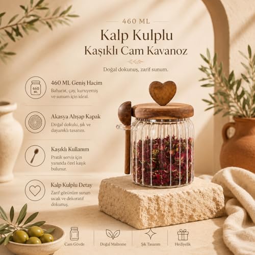 Alternative view of 460 ML Kalp Kulplu Kaşıklı Cam Kavanoz Akasya Ahşap Kapaklı Baharat Çay Kuruyemiş Saklama Kabı