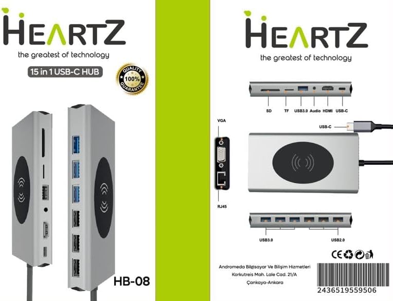 Alternative view of HB-08 15 İN 1 WİRELESS ŞARJ HDMI USB WGA CAT 5 STREO TYPE C HAFIZA KART OKUYUCULARI FULL VERSİON COMBO HUB - YAPAMAYACAĞINIZ İŞ YOK !!!!