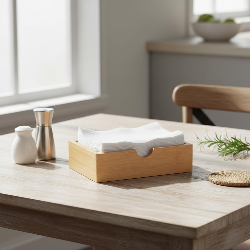 Doğal Bambu Peçetelik ve Çok Amaçlı Organizer Kutu - 18.5x12.5x5 cm Masaüstü ve Banyo Düzenleyici Ahşap Stand - Görsel 3