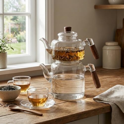 Akasya Cam Çaydanlık Takımı 1800 ml + 950 ml - Ahşap Kulplu Isıya Dayanıklı Borosilikat Şeffaf Çaydanlık - Görsel 3