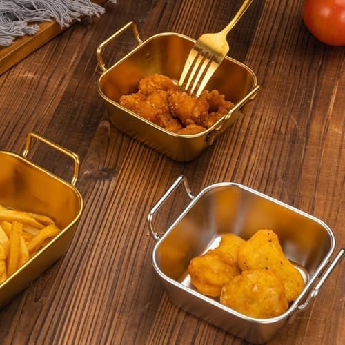 Paslanmaz Çelik Kulplu Sunum Kasesi - Atıştırmalık, Sosluk ve Servis Kabı - Mat Altın & Gümüş Renk Seçenekleri (Kare Gold) - Görsel 3