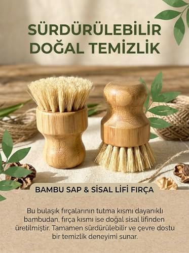 Alternative view of 2'li Küçük Bulaşık Fırçası, Ergonomik Bambu Tutma Kısmı, Sisal Lifi Fırça, Güçlü Sürdürülebilir Doğal Temizlik
