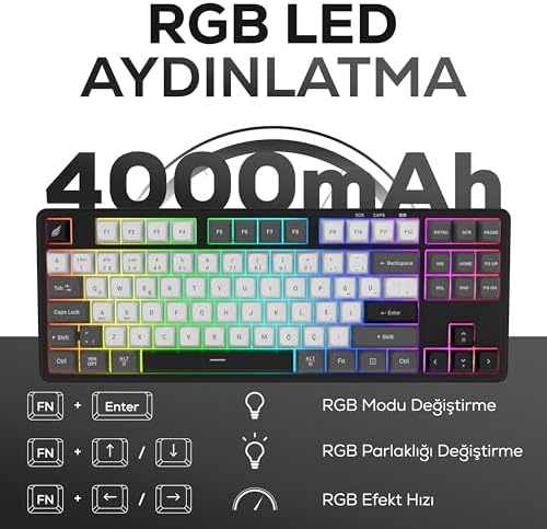 Hawk Gaming HK220 Membrane RGB Kablosuz/Bluetooth Siyah Beyaz TKL Türkçe Gaming Klavye