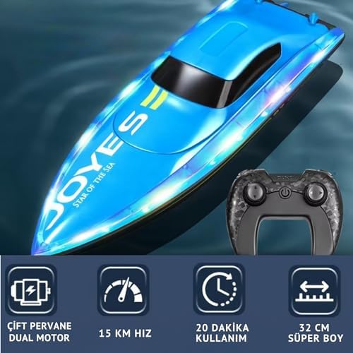 Oyuncak Uzaktan Kumandalı Full fFonksiyon 2.4 GHz 15 Km Hız Yapan Şarjlı Yarış Teknesi Led Işıklı Su Yalıtımlı Havuz Göl Gölet İçin Uygun 1200 MAh Batarya (MAVİ)