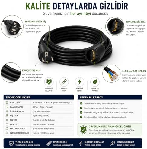 3x2.5mm TTR Topraklı Siyah Kauçuk Seyyar Uzatma Kablosu (20 METRE) - Görsel 3