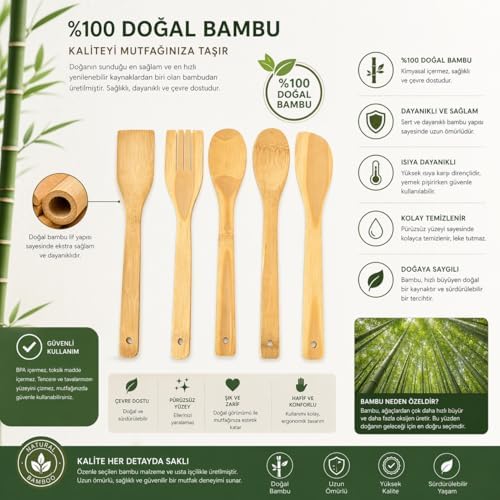 5 Parça Bambu Mutfak Kaşık Seti –%100 Doğal, Çizilmeye Karşı Korumalı, Isıya Dayanıklı, Hafif, Ergonomik, Tencere ve Tavalar ile Uyumlu, Sağlıklı ve Çevre Dostu Premium Set - Görsel 3