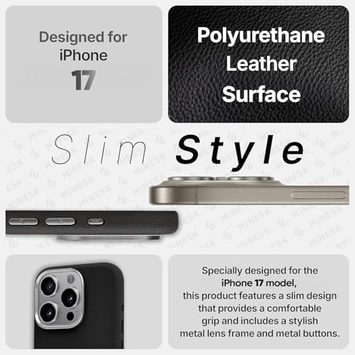 Alternative view of iPhone 17 için MagSafe ile Uyumlu Çizilmeyen ve Parmak İzi Tutmayan Deri Görünümlü Metal Tuşlu ve Metal Lens Çerçeveli Hybrid Silikon Kılıf (Siyah, 17)