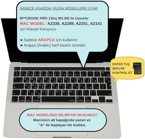 MacBook Pro Arapça Klavye Koruyucu UK ISO Ters L Enter A2338 M1 M2 A2251 A2289 A2141 Uyumlu Silikon Keyboard Cover Touch Bar Siyah - Görsel 3