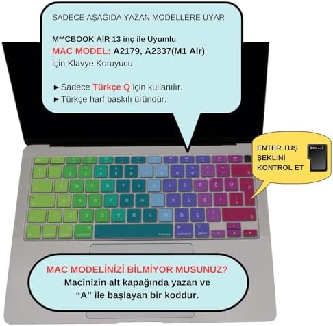 Türkçe Q Klavye Koruyucu MacBook Air 13 A2179 A2337 M1 Uyumlu | UK ISO Ters L Enter | Ultra İnce Silikon Keyboard Cover Pembe Yeşil - Görsel 3