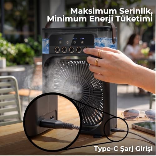 Concord Air Cooler Fan - Sulu Taşınabilir Mini Klima ve Hava Soğutucu, 3 Kademeli Türbin Vantilatör, 7 Renkli LED Işıklı ve Zamanlayıcılı Nemlendirici Masa Fanı (Siyah) - Görsel 3