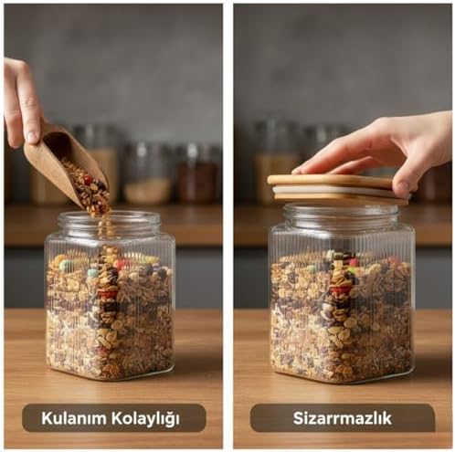 Bambu Kapaklı 200 ml Kare Cam Kavanoz – Çizgili Şeffaf Tasarım, Sızdırmaz Silikon Contalı Saklama Kabı