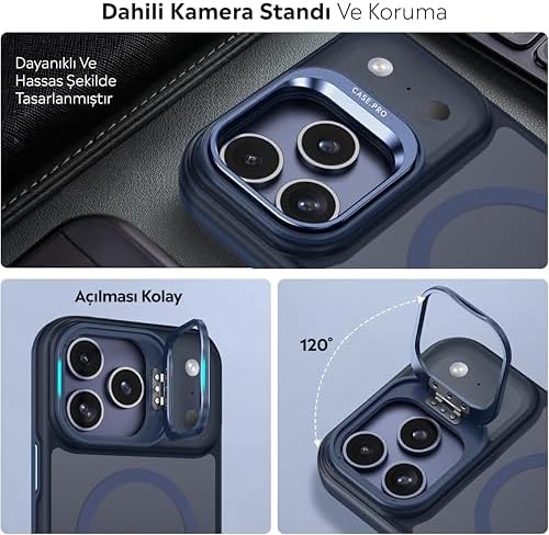 Alternative view of iPhone 17 Pro Max için Kılıf Kamera Korumalı Magsafe Wireless Şarj Özellikli Mat Şeffaf Renkli Standlı Kılıf Lens Hediyeli Lacivert