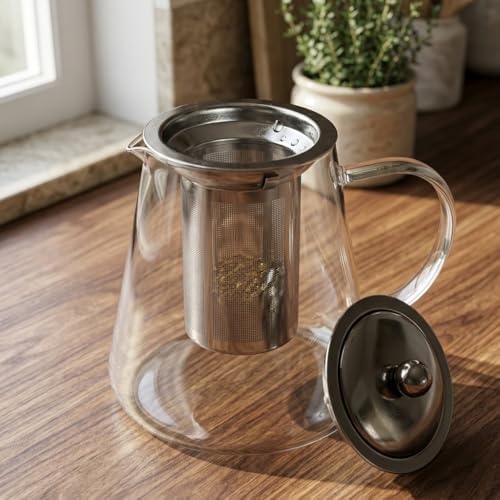 Paslanmaz Metal Süzgeçli Borosilikat Cam Demlik - 950 ml Bitki Çayı Demliği ve Çaydanlık Üst Cam Demlik - Görsel 3