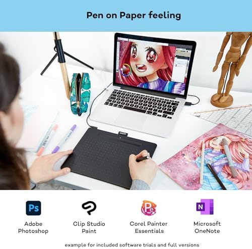 Wacom Intuos Medium çizim tableti, çizim ve fotoğraf düzenleme için tablet, basınca duyarlı kalemli, siyah, ev ofis ve e-öğrenme için ideal