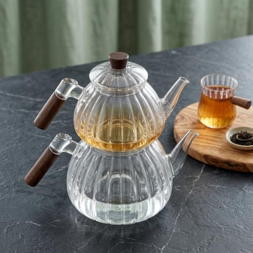 Alternative view of Akasya Cam Çaydanlık Takımı 1500 ml + 600 ml - Ahşap Kulplu, Çizgili Tasarım Isıya Dayanıklı Borosilikat Şeffaf Çaydanlık