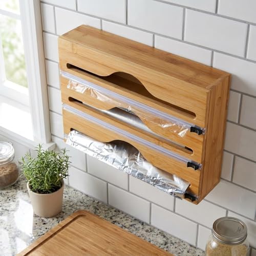 3 Bölmeli Doğal Bambu Folyoluk ve Streç Film Kesici Organizer - Sürgülü Bıçaklı Çekmece İçi Düzenleyici Pişirme Kağıdı ve Alüminyum Folyo Standı Mutfak Organizeri (35,5 x 22 x 7 cm)