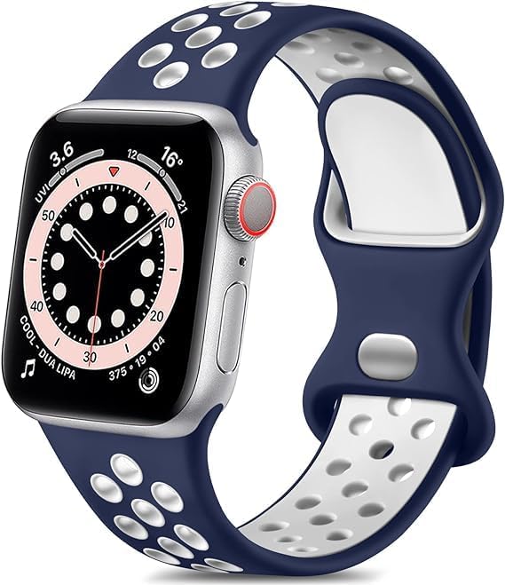 Apple Watch Seri 1/2/3/4/5/6/7/8/se İle Uyumlu Delikli Silikon Kordon Kayış 38-40-41 mm (Lacivert - Beyaz)
