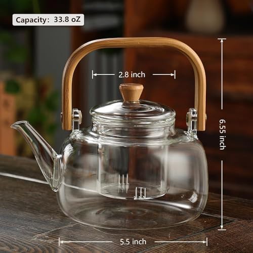 Bambu Saplı Isıya Dayanıklı Borosilikat Cam Süzgeçli Demlik 1000ml, Isıya Dayanıklı Cam Bitki Çayı Demliği 1000ml