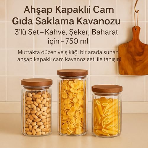 Ahşap Kapaklı Cam Gıda Saklama Kavanozu Vakum Kapaklı Büyük Boy Erzak Bakliyat Seti 3'lü Set 750 ml - Görsel 2