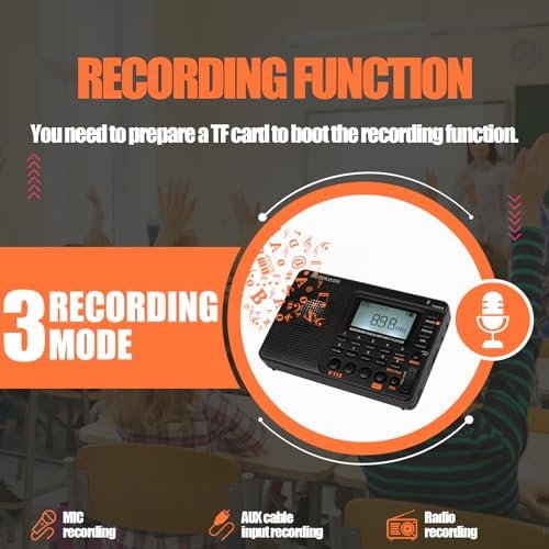 Retekess V115 Dijital Radyo AM FM, Taşınabilir Kısa Dalga Radyolar, Şarj Edilebilir Radyo Dijital Tuner ve Ön Ayarlar, Micro SD ve AUX Kaydı Desteği, Bas Hoparlör Siyah