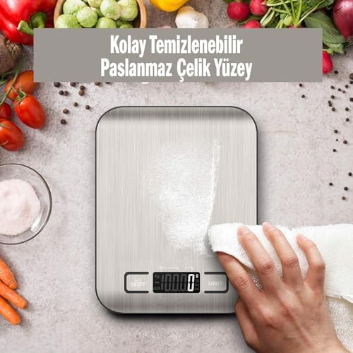 Alternative view of Dijital Mutfak Terazisi – Paslanmaz Çelik Yüzeyli Hassas Tartı, 5 kg Kapasiteli, Dara Özellikli, LCD Ekranlı, 5 Birim Dönüşümlü, Pilli,Dijital Tartı