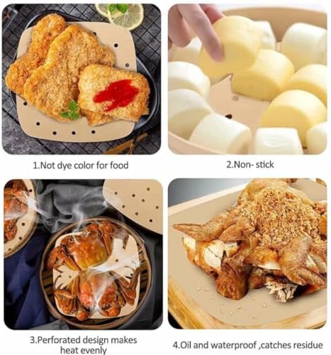 Jouis Air Fryer Pişirme Kağıdı Tek Kullanımlık Hava Fritöz Yağ Geçirmez Yapışmaz Gıda Pişirme Kağıdı Delikli Kare Model 100 Adet - Görsel 2