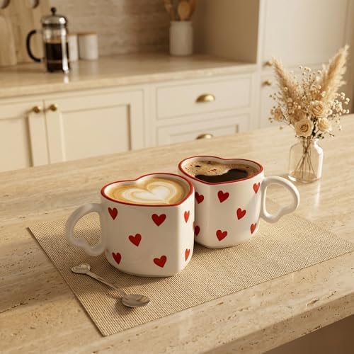 Seramik Kulplu Kupa Bardak, 250 Ml Geniş Kapasite, Kırmızı Kalp Desenli Tasarım, Ev Ofis Restoran İçin Kullanıma Uygun El Yapımı Seramik Kulplu Çay Kahve Espresso Latte Sunum Bardağı - Görsel 3