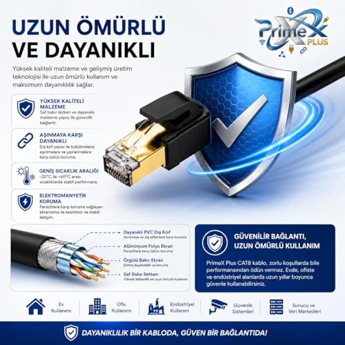 PX-5212 2 Metre Cat8 Ethernet Kablosu, 10Gbps Yüksek Hızlı RJ45 Ağ Kablosu, S/FTP 600MHz Gaming Modem Router Switch Patch İnternet Kablosu