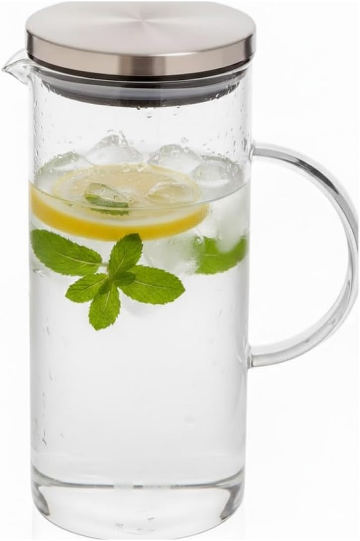 Metal Kapaklı Cam Sürahi – 1200 ml Isıya Dayanıklı Şeffaf Cam, Ergonomik Kulplu, Soğuk ve Sıcak İçecekler İçin Şık Tasarım - Görsel 2