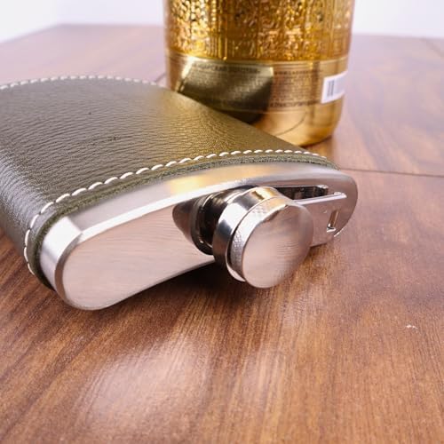 Perlotus 8 Oz 235 cc Hunili Haki Yeşil El Yapımı Deri Kılıflı Çelik Viski Cep Matarası Babalar Günü - Görsel 3
