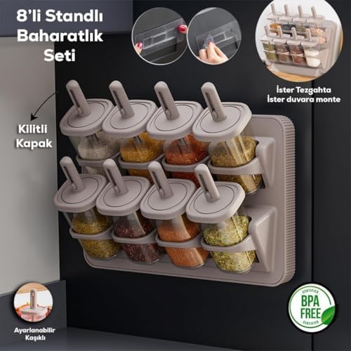 8'li Standlı Baharatlık Seti, Tezgah Üstü ve Duvara Monte, Kilitli Kapak, Şeffaf Kavanozlar, BPA İçermez, Modern Minimalist, Bej/Gri