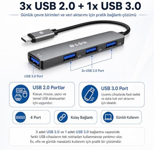 SW-U324 Type-C Metal USB Hub, 3x USB 2.0 + 1x USB 3.0 4 Port USB Çoklayıcı, Alüminyum Gövde Gri USB-C Hub, Laptop Tablet PC MacBook İçin Mouse Klavye USB Bellek Aksesuar Bağlantı Adaptörü - Görsel 2