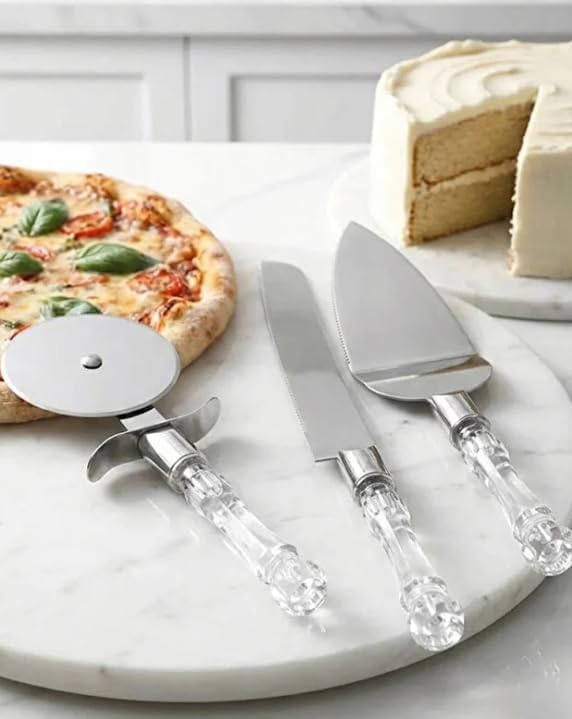3lü Görünümlü Saplı Çelik Servis Seti Pizza Kesici Kek Bıçağı Pasta Spatulası