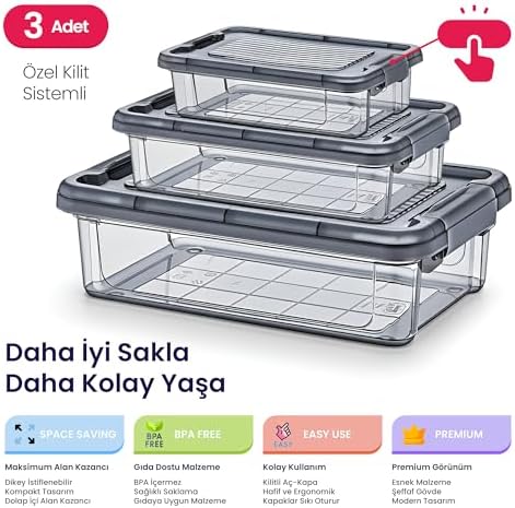 Hobby Life Elite 3’lü Kilitli Saklama Seti (3L+1.5L+0.85L) – İç İçe Geçen Yer Tasarruflu, Şeffaf Antrasit Premium Gıda Kabı - Görsel 2