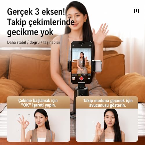 Gimbal Yüz Takip Telefon Sabitleyici 360° Video Canlı Yayın Akıllı Tripod Direk Bağlantı