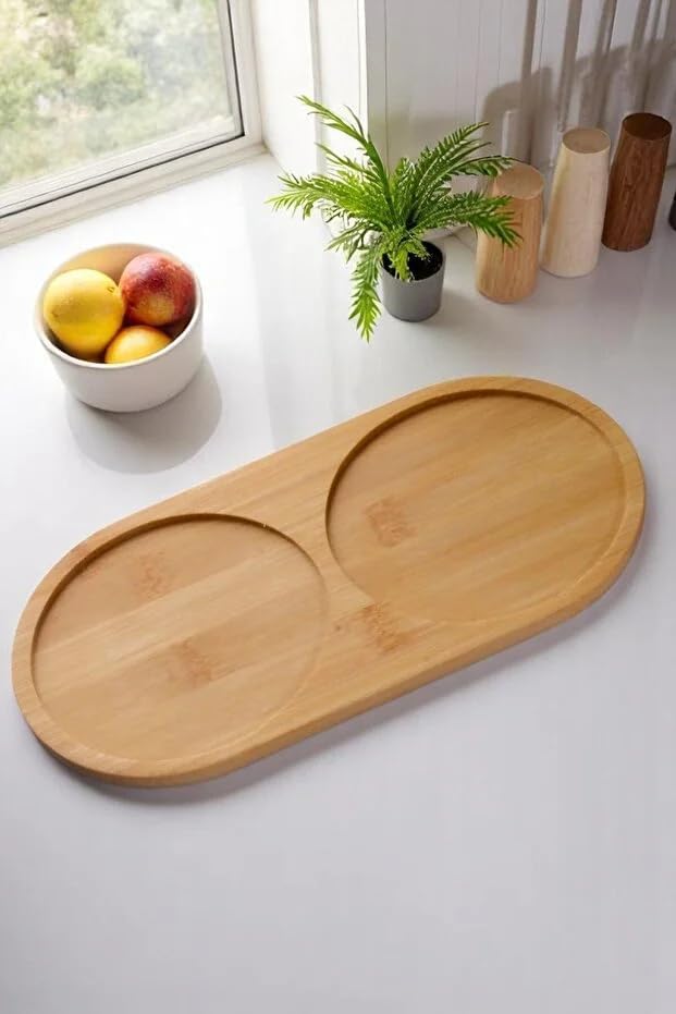 2 Bölmeli Oval Doğal Bambu Sunum Tabağı - 23x12 cm Yuvarlak Hatlı Çerezlik, Sosluk ve Kahvaltılık - Görsel 3