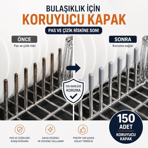 150 Adet Gri | Bulaşık Makinesi Sepetleri Çubukları Için Birinci Sınıf Pas ve Çizilmeleri Önleyen Plastik Kapak Uçları | Tamir Seti
