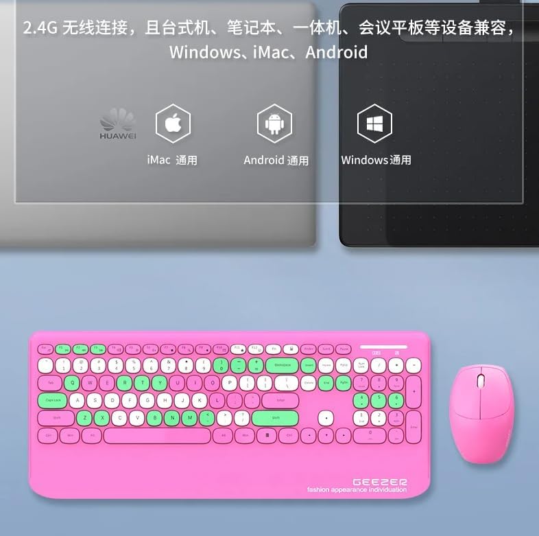 Geezer Kablosuz Klavye Mouse Set 106 Tuşlu İngilizce Q Notebook Laptop Uyumlu Ev ve Ofis için Bilek Destekli USB Dongle ile Bağlantı G100 (Pembe) - Görsel 3