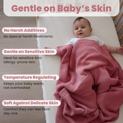 %100 Organik Pamuk Bebek Örgü Battaniye ve Hediye Kutusu – Yumuşak toddler, beşik ve bebek arabası battaniyesi. Yeni doğanlar için nötr kundak ve alma battaniyesi, 30"x40", Renk: Berry