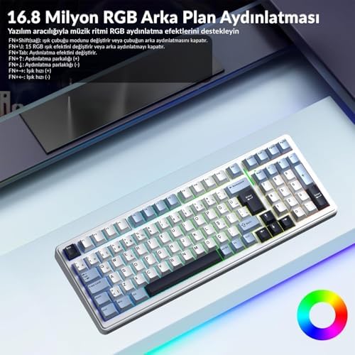 Aula F99 Mekanik RGB GrayWood V4 Switch 3 Modlu Kablosuz Makrolu Hot Swap Türkçe Q Klavye Lacivert
