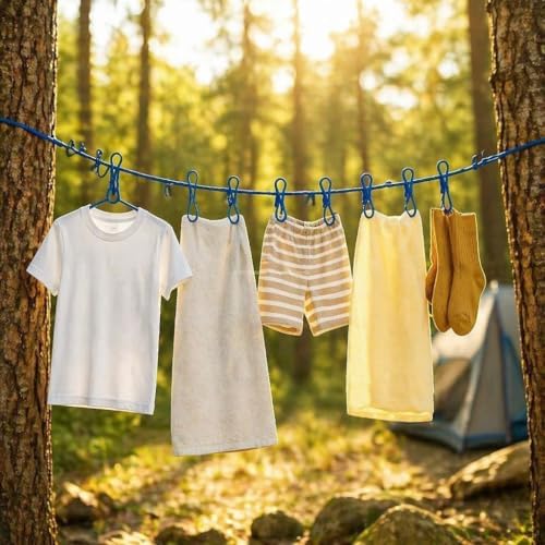 Seyahat Tipi Portatif Çamaşır İpi, 12 Mandallı Esnek Kamp Askısı, Rüzgara Dayanıklı Kaymaz Balkon ve Karavan Halatı