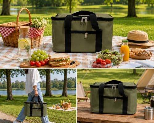 Haki Yeşil Renk 22 Litre Termal Piknik ve Taşıma Çantası – Su Geçirmez Kumaş, Kalın Yalıtımlı İç Kaplama, 2 Bölmeli Soğuk-Sıcak Tutucu Çanta (39x27x23 cm) - Görsel 3