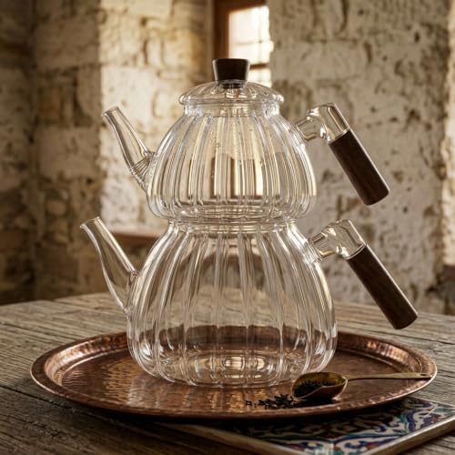 Akasya Cam Çaydanlık Takımı 1500 ml + 600 ml - Ahşap Kulplu, Çizgili Tasarım Isıya Dayanıklı Borosilikat Şeffaf Çaydanlık - Görsel 3