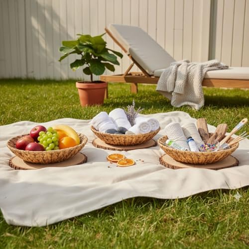 3'lü Hasır Dekoratif Tepsi Seti | Çok Amaçlı Sunum & Düzenleyici | Mutfak, Salon, Bahçe | El Yapımı Su Sümbülü Dokuma | 3 Boy (27cm-5cm, 31cm-6cm, 35cm-7cm)