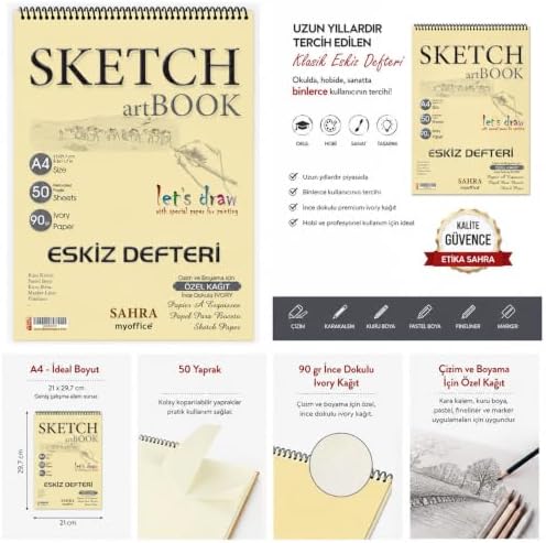 Etika SAHRA A4 Spiralli Eskiz Defteri – 50 Yaprak, 90 gr İnce Dokulu Ivory Kağıt Sketchbook, Çizim ve Boyama Defteri - Görsel 3