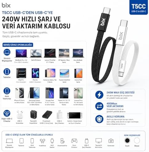 T5CC-BK Siyah 1 Metre 240W Type-C to Type-C Örgülü Hızlı Şarj ve Data Kablosu, 480Mbps 240W Type C Turbo Şarj Kablosu, (Tüm Type C Telefon ve Tabletlerle Uyumludur) (Max 48V 5A) - Görsel 3